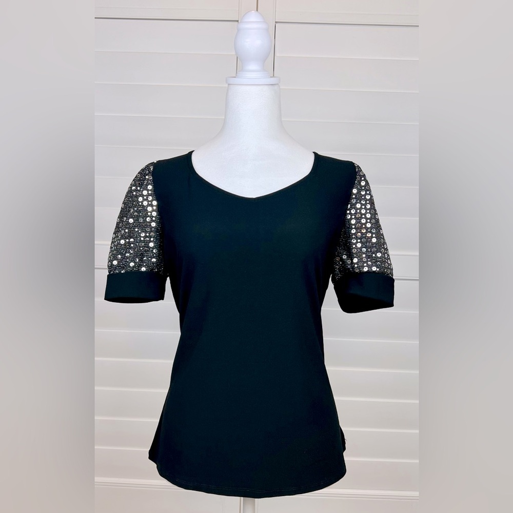 Black Top w/Silver Sequined Sleeves Sz P-M, by 89Th+ Madison